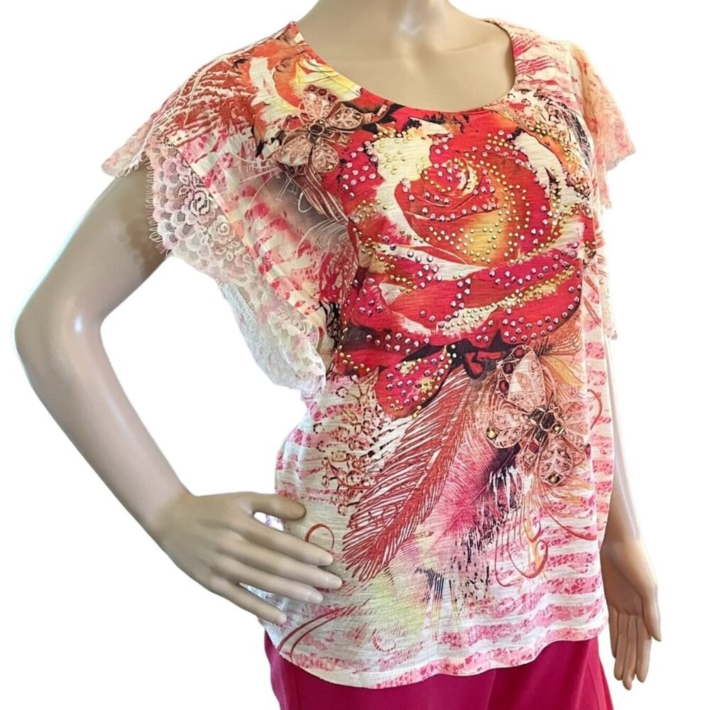 Style and Co Floral Top with Decorative Gems and Lace for Women Size PM Blouse